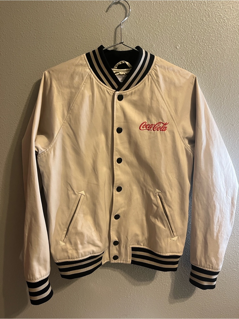 Coca Cola Cream Bomber Jacket with Black Striped Ribbing Small